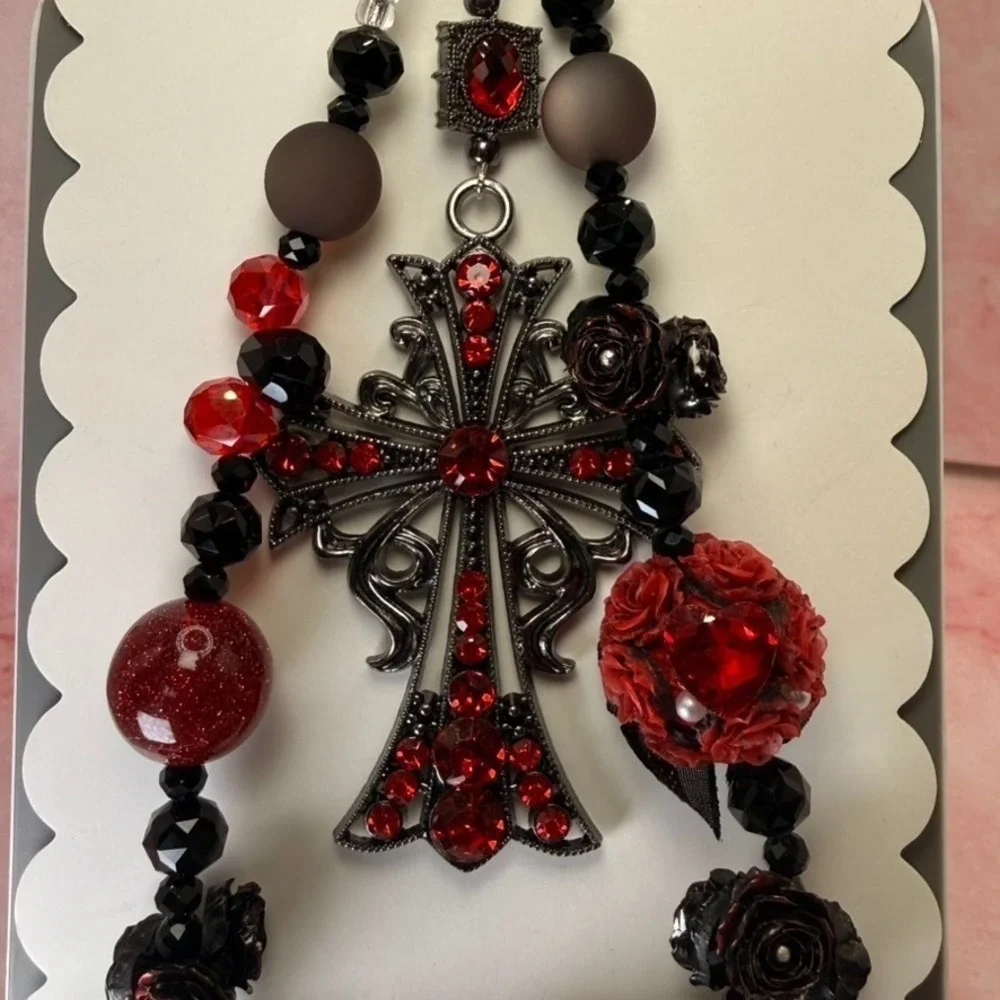 Cross Gunmetal Red Black Beaded Floral Phone Wristlet Crystal Bag Charm Keychain